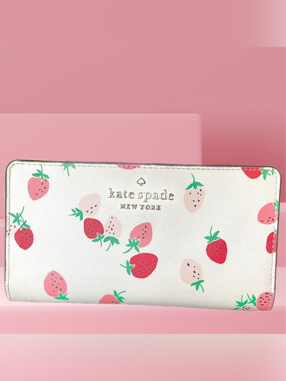 kate spade White Wallet with Pink & Red Strawberry Print
